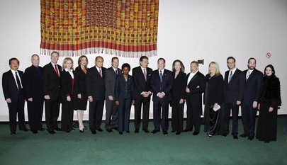 A group photo of the main participants and organizers of the Holocaust Remembrance Day concert. From left to right: Kiyo Akasaka, Under-Secretary-General for Communications and Public Information; Avi Shoshani, Secretary-General of the Israeli Philharmonic Orchestra; Ambassador Richard Swett; Katrina Swett, daughter of Congressman Tom Lantos; Bareket Buchmann, Josef Buchmann, Ron Huldai, Mayor of Tel Aviv; Asha-Rose Migiro, Deputy Secretary-General; Srgjan Kerim, President of the sixty-second session of the General Assembly; Daniel Gillerman, Permanent Representative of Israel to the United Nations; Janice Gillerman, Maestro Zubin Mehta, Nancy Mehta, Tomer Lev, Dean of the Buchmann-Mehta School of Music; Ariel Atias, Minister of Communication for Israel; and his wife, Ariel Atias. 